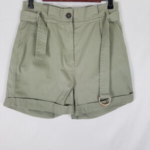 Blu Pepper Shorts Womens Large Green High Rise‎ Mom Belted Cuffed Hem